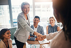 B2b meeting, success or business people shaking hands after a contract agreement for working together. Diversity, company and happy management welcome a worker in a new partnership deal in office 