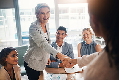Buy stock photo Ceo meeting, success or business people shaking hands after a contract agreement for working together. Diversity, company and happy management welcome a worker in a new partnership deal in office 