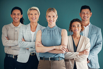 Buy stock photo Business people, team and corporate group in portrait, collaboration and happiness, lawyers on studio background. Success, arms crossed and happy, work together and law firm, teamwork and diversity