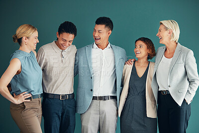 Buy stock photo Business people, team laugh together and corporate group with collaboration, happiness and lawyers on studio background. Employees work at law firm, funny or joke with teamwork and diversity