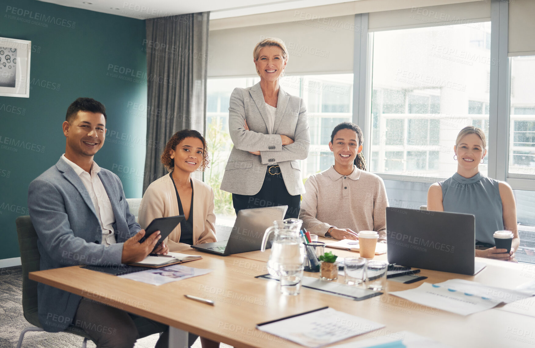 Buy stock photo Portrait of employees at desk in office with smile, confidence and meeting for group of business people. Teamwork, about us and leadership, senior lawyer with happy legal team at advisory law firm.