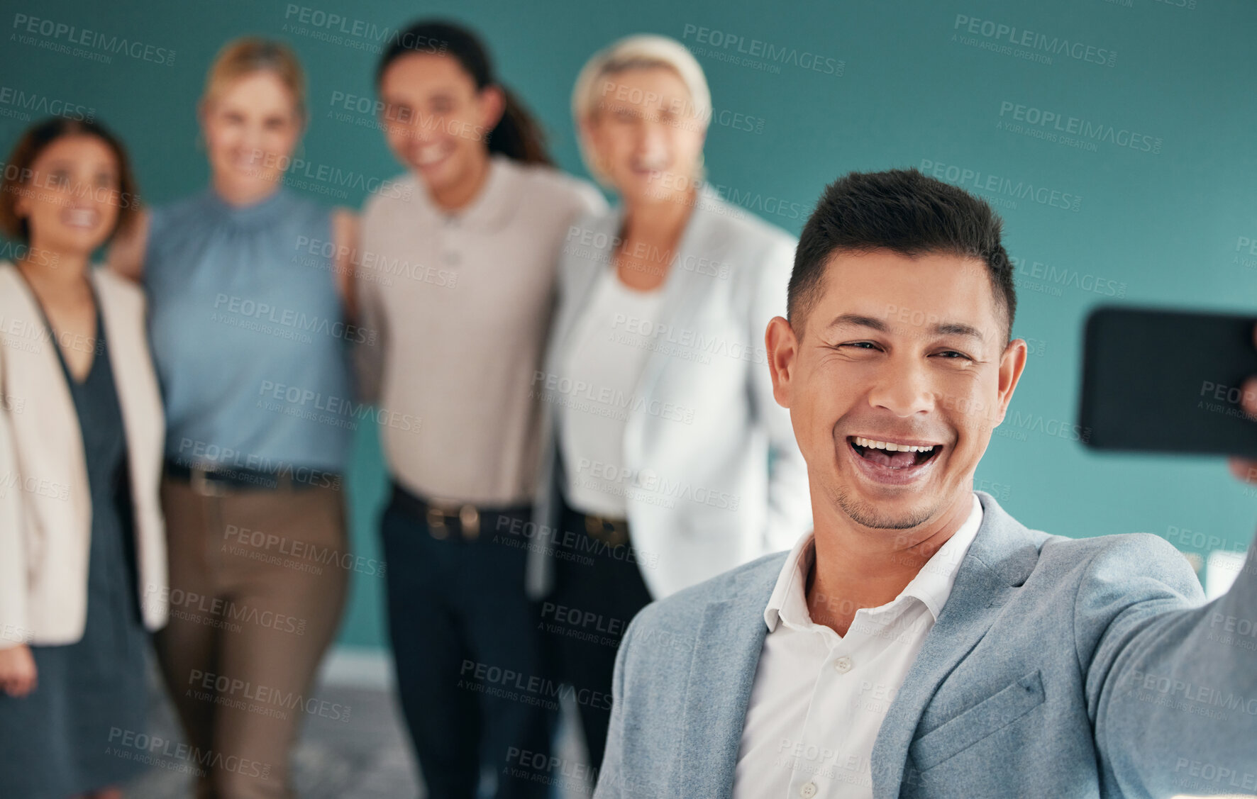 Buy stock photo Business people, smile and selfie for profile picture, vlog or team building at office. Group of employee workers smiling for photo memory, social media or online friends in about us at workplace