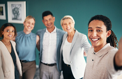 Buy stock photo Business people, portrait smile and selfie for profile picture, vlog or team building at the office. Group of employee workers smiling for photo memory, social media or online influencer in about us