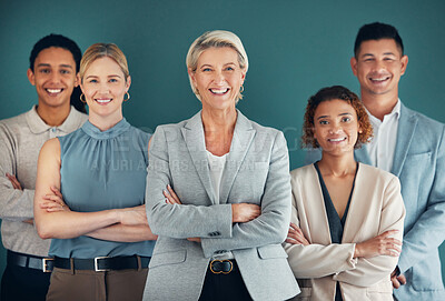 Buy stock photo Business people, collaboration and corporate group in portrait, team leader and happiness, lawyers on studio background. Happy, success and working together at law firm with teamwork and diversity