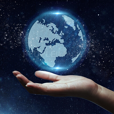 Buy stock photo Earth day, digital universe and hand with a planet for sustainability, environment and eco friendly. Support, care and person with a holographic world with a galaxy for connection and ecology