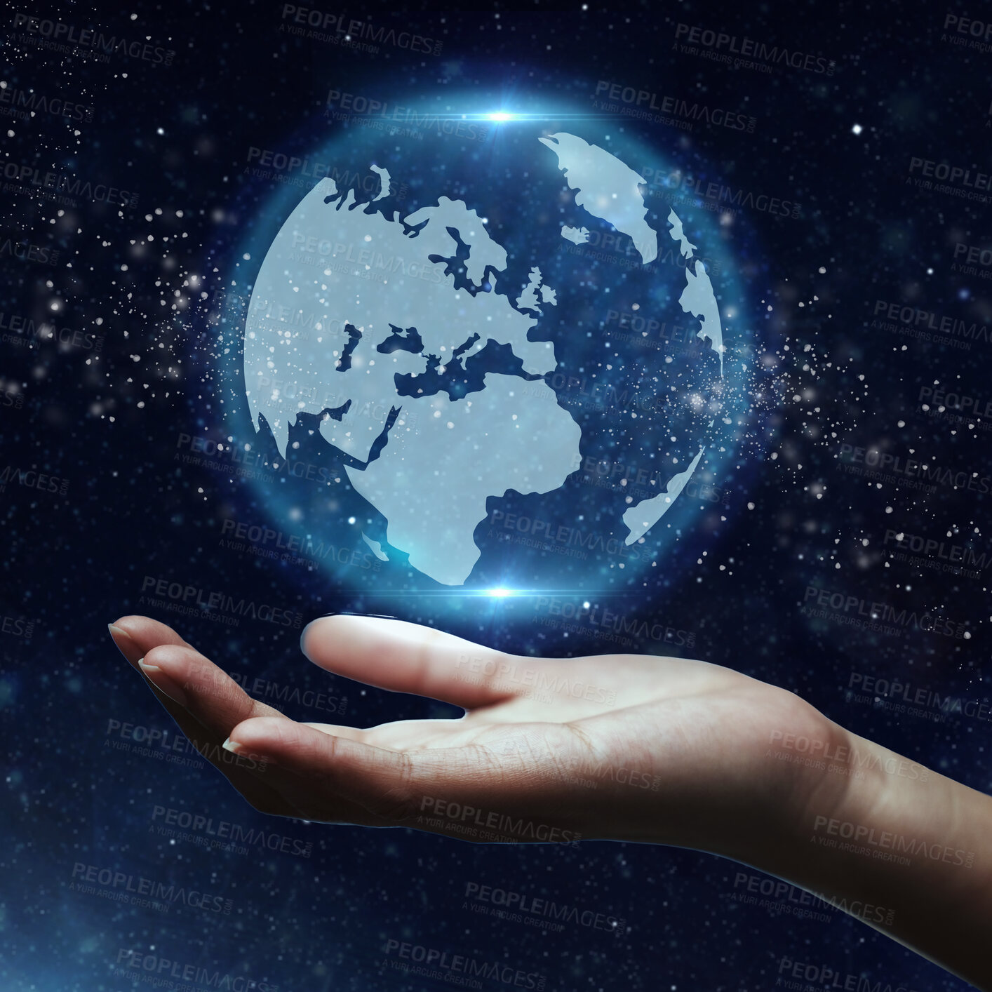 Buy stock photo Earth day, digital universe and hand with a planet for sustainability, environment and eco friendly. Support, care and person with a holographic world with a galaxy for connection and ecology