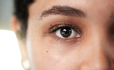 Buy stock photo Eyes, vision and eye care with woman and face closeup, contact lens with lashes and eyebrow, focus and optometry Cosmetic, eyesight and female perspective with iris, ophthalmology and health