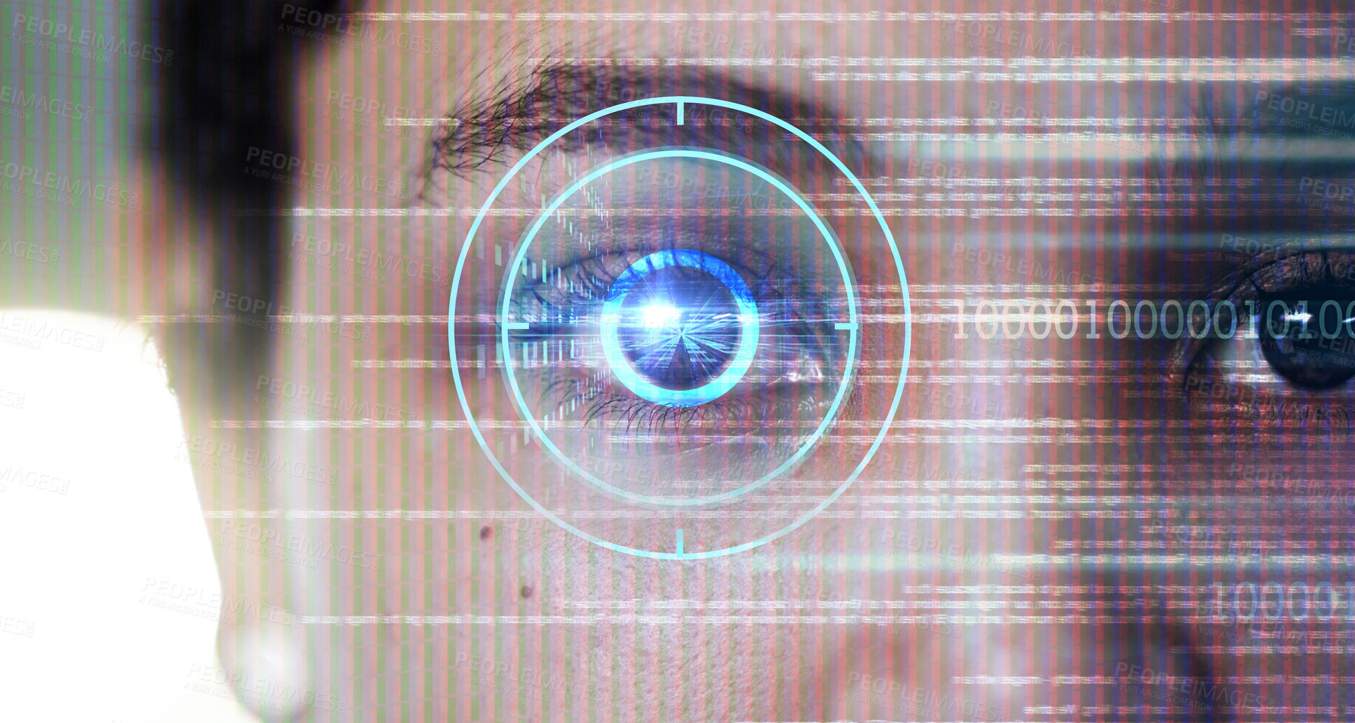 Buy stock photo Biometric, digital and cyber security with eye scan of woman for identity, verification or facial recognition. Technology, future and ai with laser scanner focus of girl for hologram, contact or data