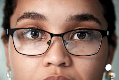 Buy stock photo Black woman portrait, eye vision and glasses of a young person eyes at health consultation. Lens, frame and eyeglasses at a retail store for eyewear check and optometry sale with prescription