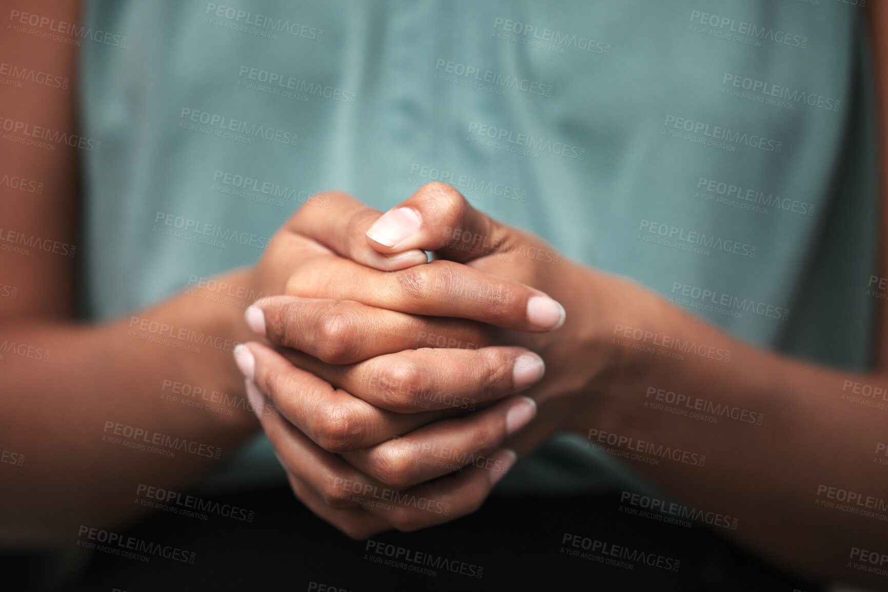 Buy stock photo Hands together, anxiety and praying in a psychology therapy session with mental health problem. Healthcare, god worship and hope hand gesture zoom of a black woman looking for support and help