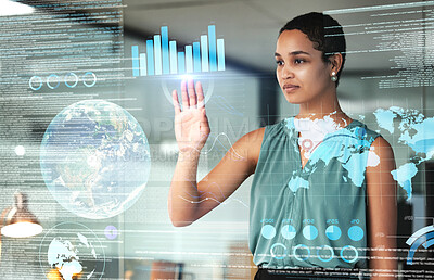 Buy stock photo Globe, finance and overlay with a business black woman using an ai or ux interface to access the metaverse of data. Digital, future and information with a female employee working on a 3d hologram