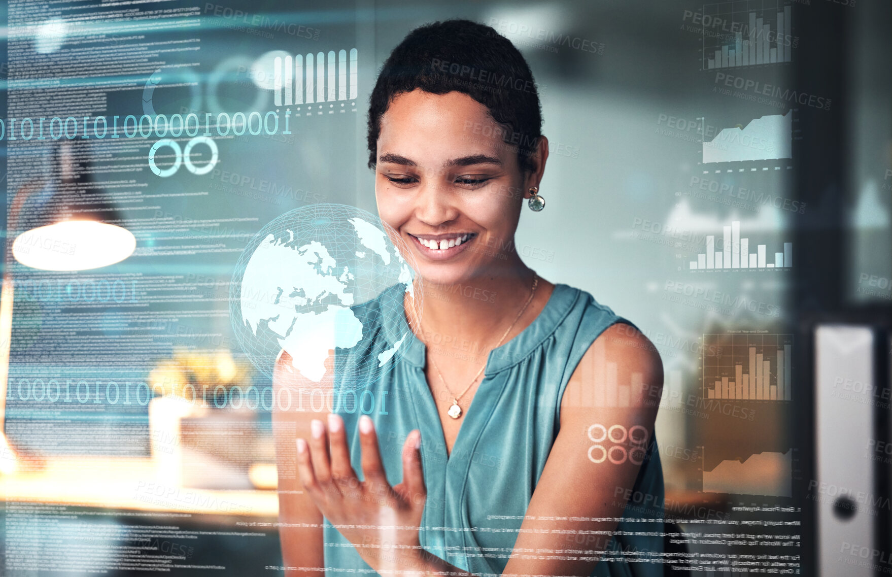 Buy stock photo World, finance and overlay with a business black woman using an ai or ux interface to access the metaverse of data. Digital, future and information with a female employee working on a 3d hologram