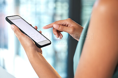 Buy stock photo Business, screen and black woman with smartphone, hands and typing with connection, social media and search internet. Mockup, closeup and zoom with manager, cellphone and online reading in workplace