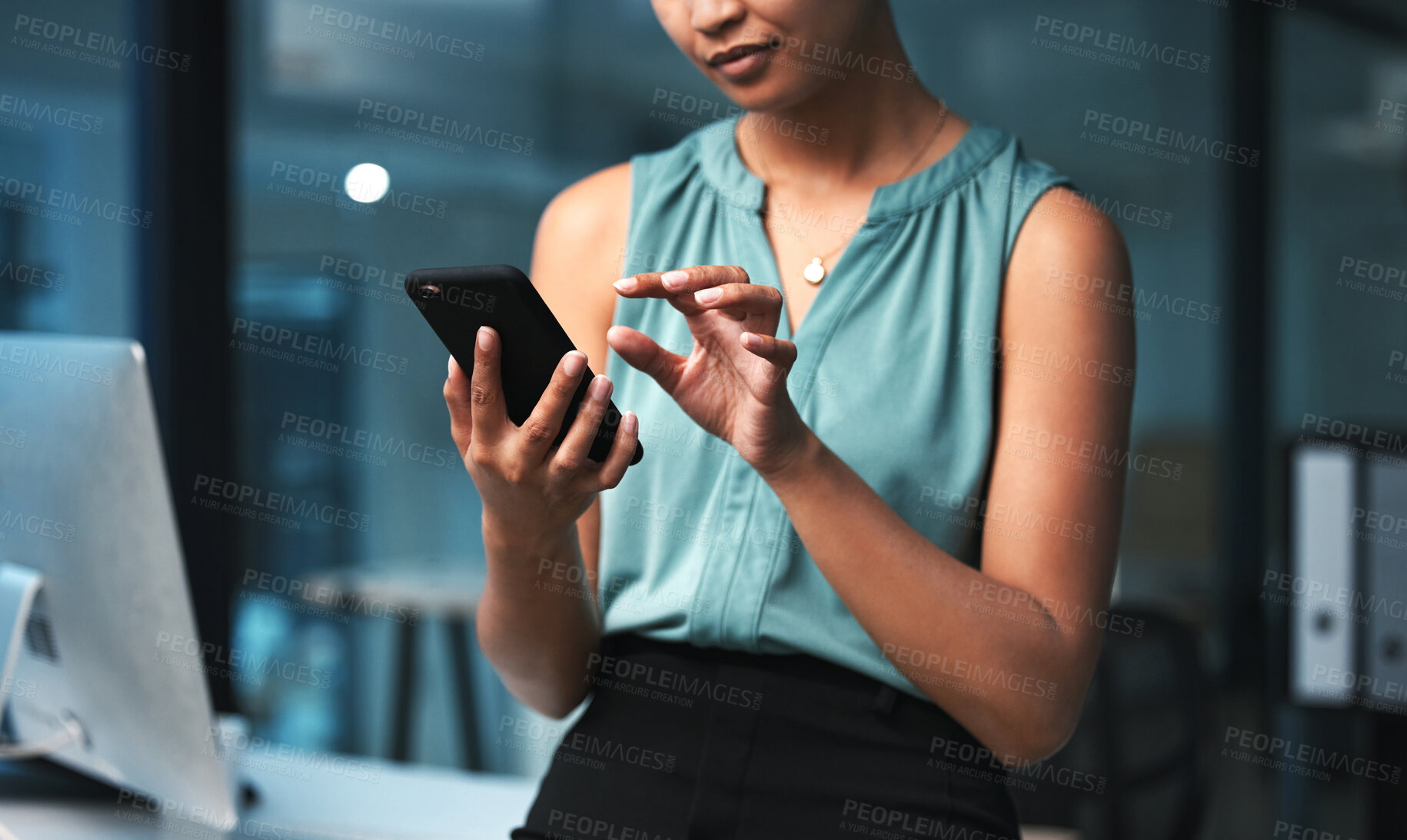 Buy stock photo Phone hands, night and office woman typing finance portfolio feedback, stock market database or economy review. Forex investment budget, online data analysis or trader trading NFT, bitcoin or crypto
