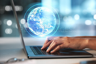Buy stock photo Laptop, hands and Earth hologram with future technology and globe with coding and digital overlay with person typing. Futuristic, tech innovation and 3D with global network, cyber space and big data 