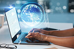 Laptop, hands and globe hologram with future technology and analytics, graph and digital overlay with person typing. Futuristic, tech innovation and 3D with communication, cyber space and big data 