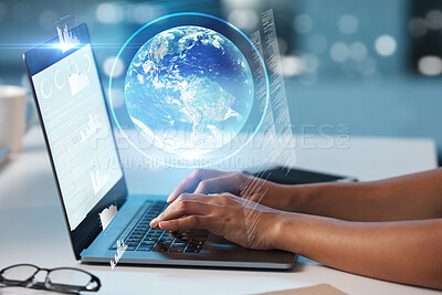 Buy stock photo Laptop, hands and globe hologram, future technology and analytics, graph and digital overlay with typing. Futuristic, tech innovation and 3D with global network, cyber and big data with pc keyboard
