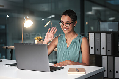 Buy stock photo Video call, laptop and black woman in business with virtual meeting, communication and technology. Wave hello, working night in office with webinar, connectivity and wifi, smile and online conference