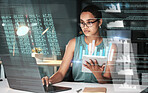 Laptop hologram hud, stock market or woman review finance chart, IPO database graph or future night overlay. Forex investment ui, online data analysis or African broker trading NFT, bitcoin or crypto
