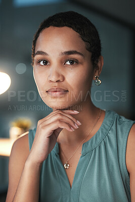 Buy stock photo Administrator, serious and portrait of a businesswoman with focus and employee late at night or evening in an office. Confident, black woman and corporate face at startup company or small business
