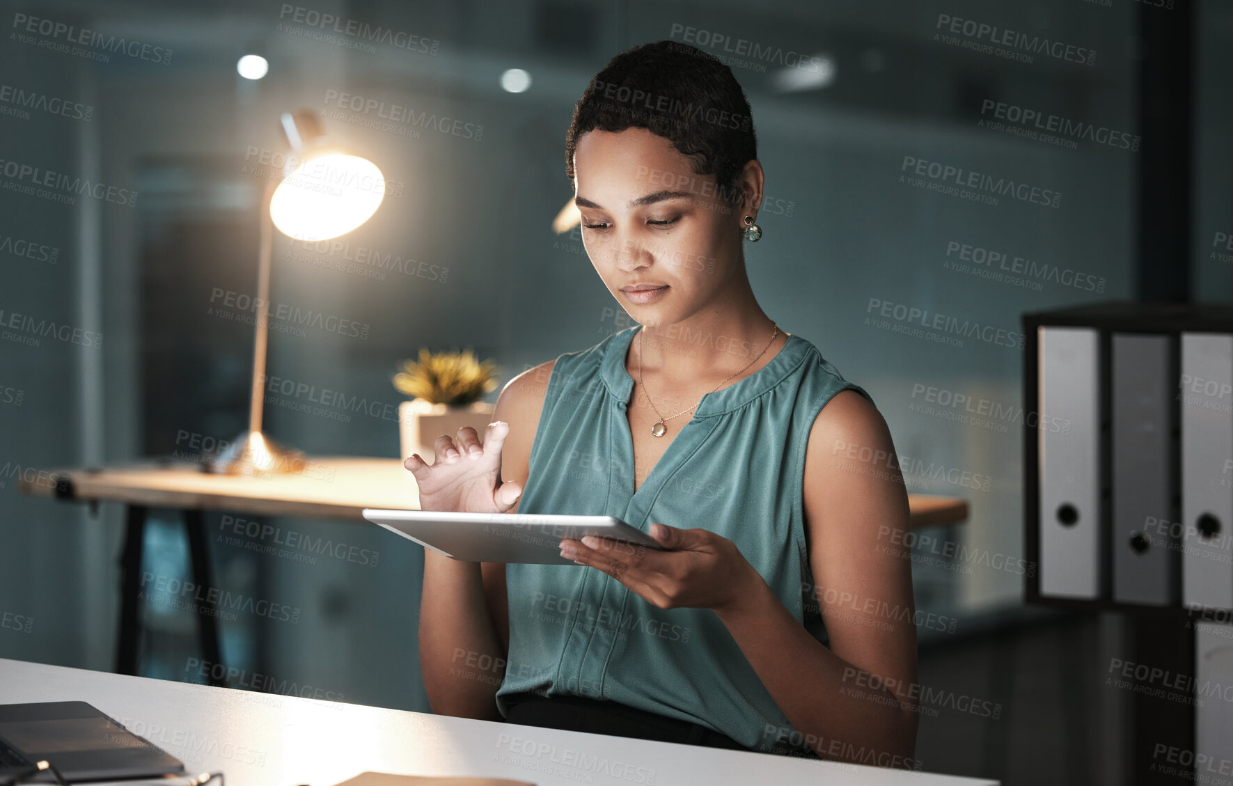Buy stock photo Tablet, night or business woman typing article for social network app, digital website or online blog. Brand monitoring ui, administration research or African media worker reading customer experience
