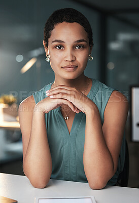 Buy stock photo Consultant, entrepreneur and portrait of a businesswoman with focus and serious late night or evening in an office. Confident, black woman and corporate face at a startup company or small business