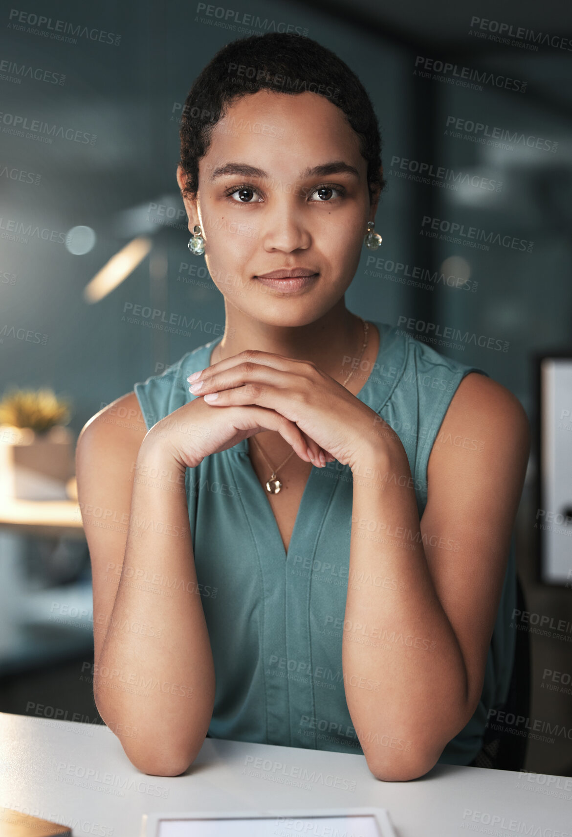 Buy stock photo Consultant, entrepreneur and portrait of a businesswoman with focus and serious late night or evening in an office. Confident, black woman and corporate face at a startup company or small business
