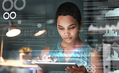 Buy stock photo Black woman with tablet, focus and data overlay for erp app innovation, research and programming in future info technology. Futuristic analytics, software and developer for startup business website.