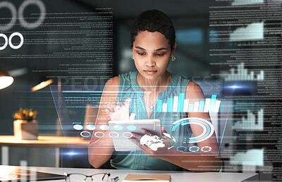 Buy stock photo Black woman with tablet, erp data overlay and innovation, research and programming in future information technology. Futuristic network, analytics and developer for startup business website software.