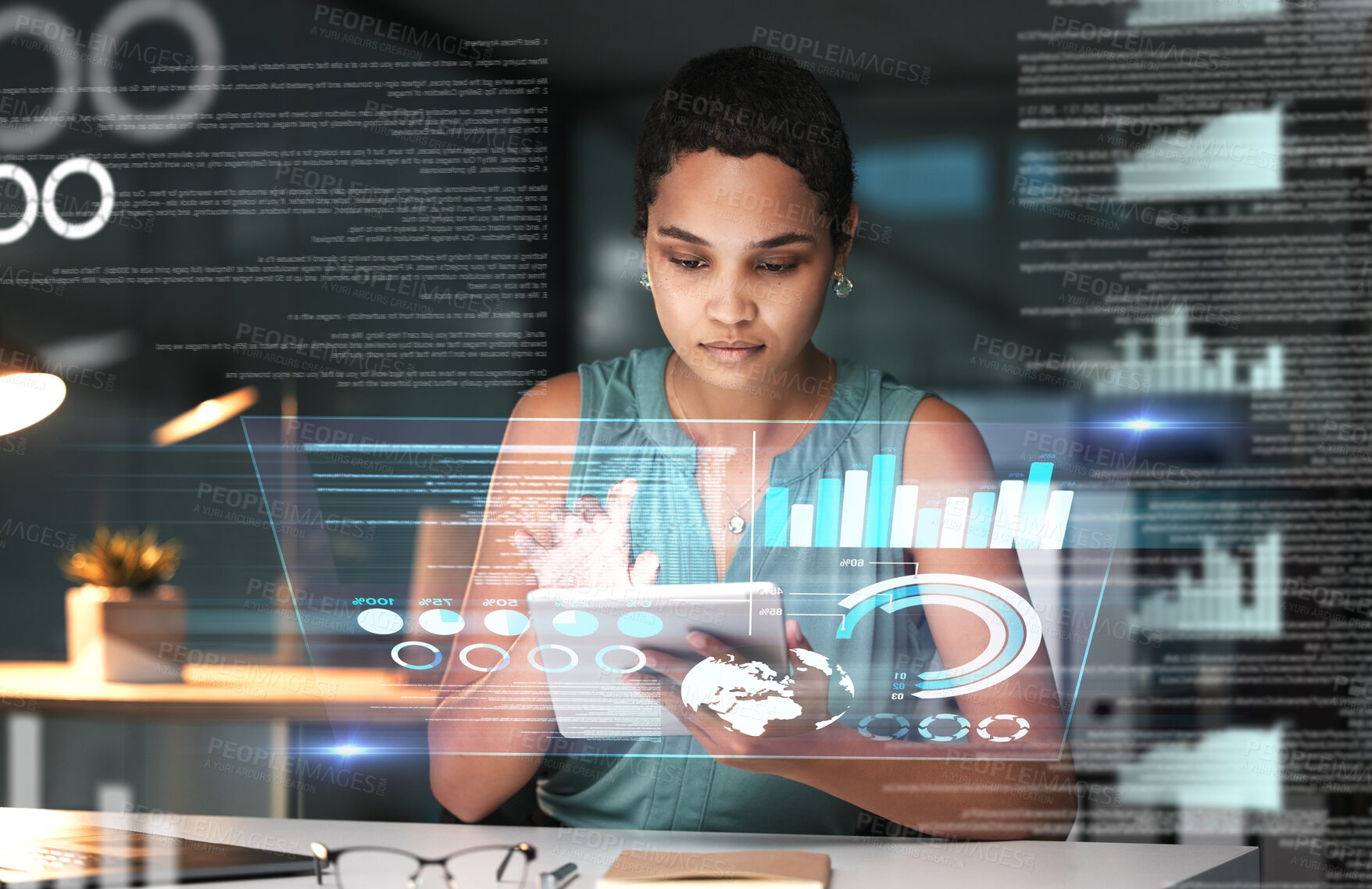 Buy stock photo Black woman with tablet, erp data overlay and innovation, research and programming in future information technology. Futuristic network, analytics and developer for startup business website software.