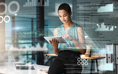 Buy stock photo Black woman with tablet, erp overlay and charts, innovation in research and programming for future app technology. Futuristic network, analytics and developer for startup business website IT software