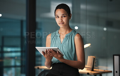 Buy stock photo Business tablet, night portrait and black woman review finance budget, stock market database or ecommerce feedback. Forex investment, web data analysis or online trader trading NFT, bitcoin or crypto