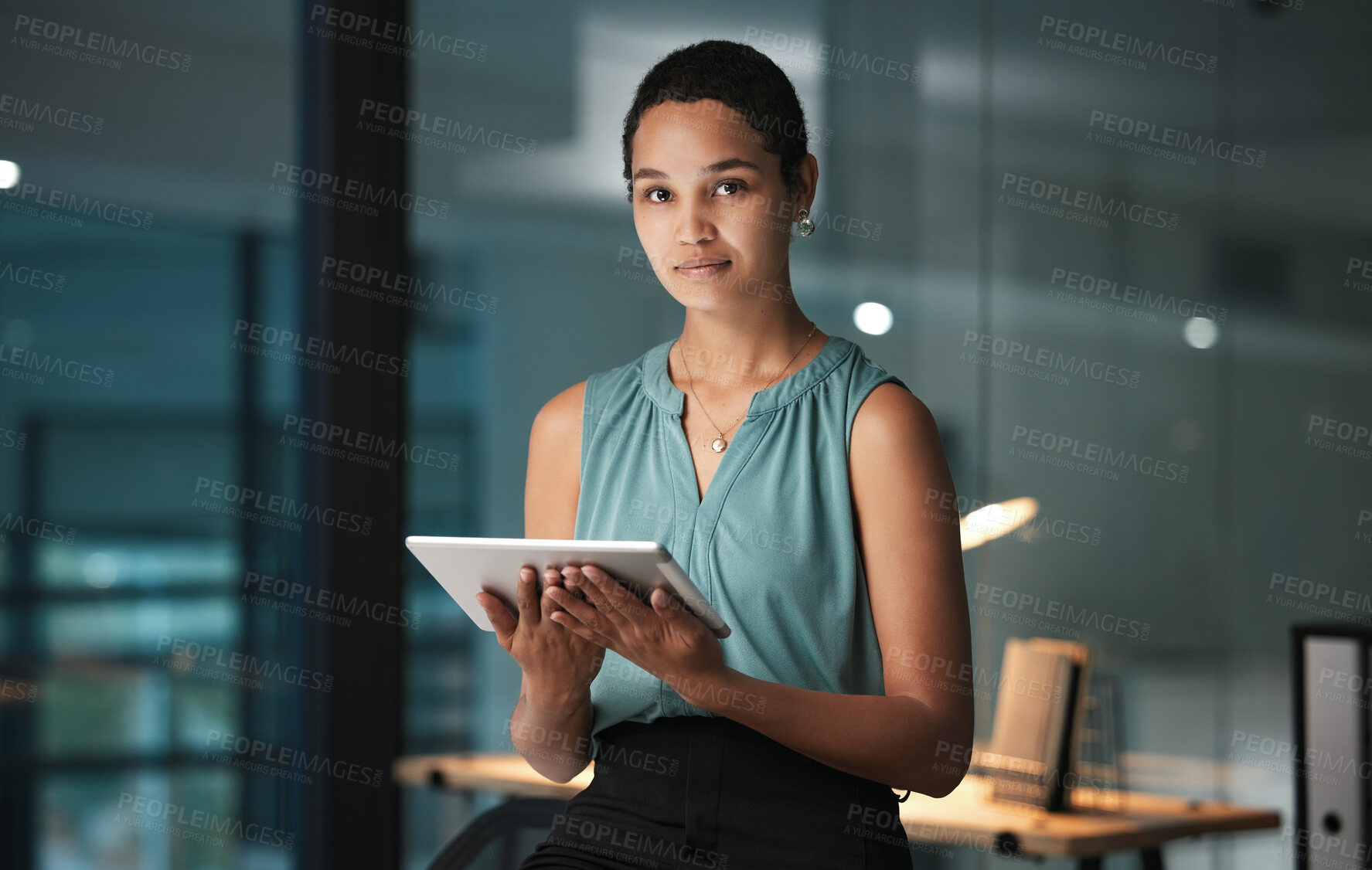 Buy stock photo Business tablet, night portrait and black woman review finance budget, stock market database or ecommerce feedback. Forex investment, web data analysis or online trader trading NFT, bitcoin or crypto