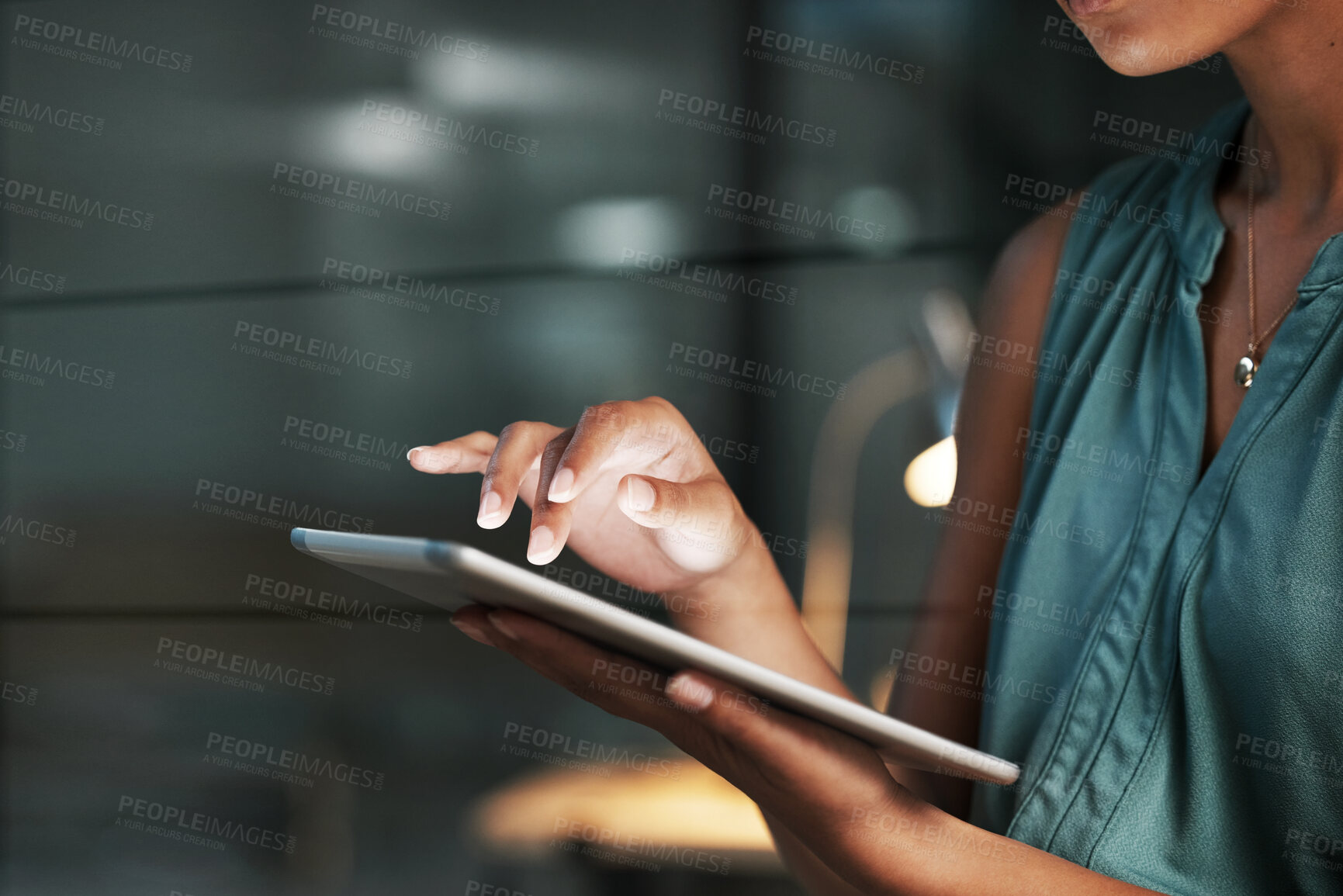 Buy stock photo Hands, accountant or black woman at night on tablet for strategy, tax or audit review at a company business. Finance, girl or advisor scroll on tech for planning stock market, invest research
