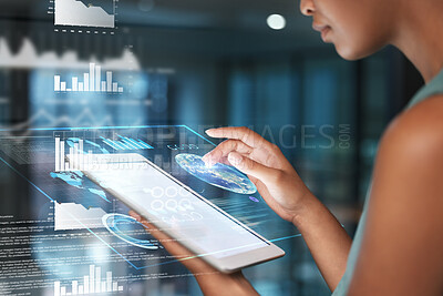 Buy stock photo Black woman hands on tablet, data overlay and erp app innovation, research and programming in future technology. Futuristic global network, analytics and web developer for business website software