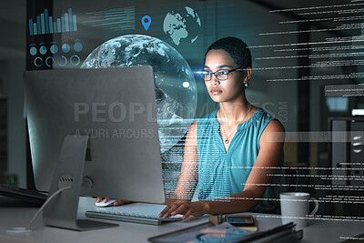 Buy stock photo Computer hologram, global network and woman reading data analysis of earth communication, world networking or chart. Futuristic night overlay, planet ui hud or African media employee working overtime