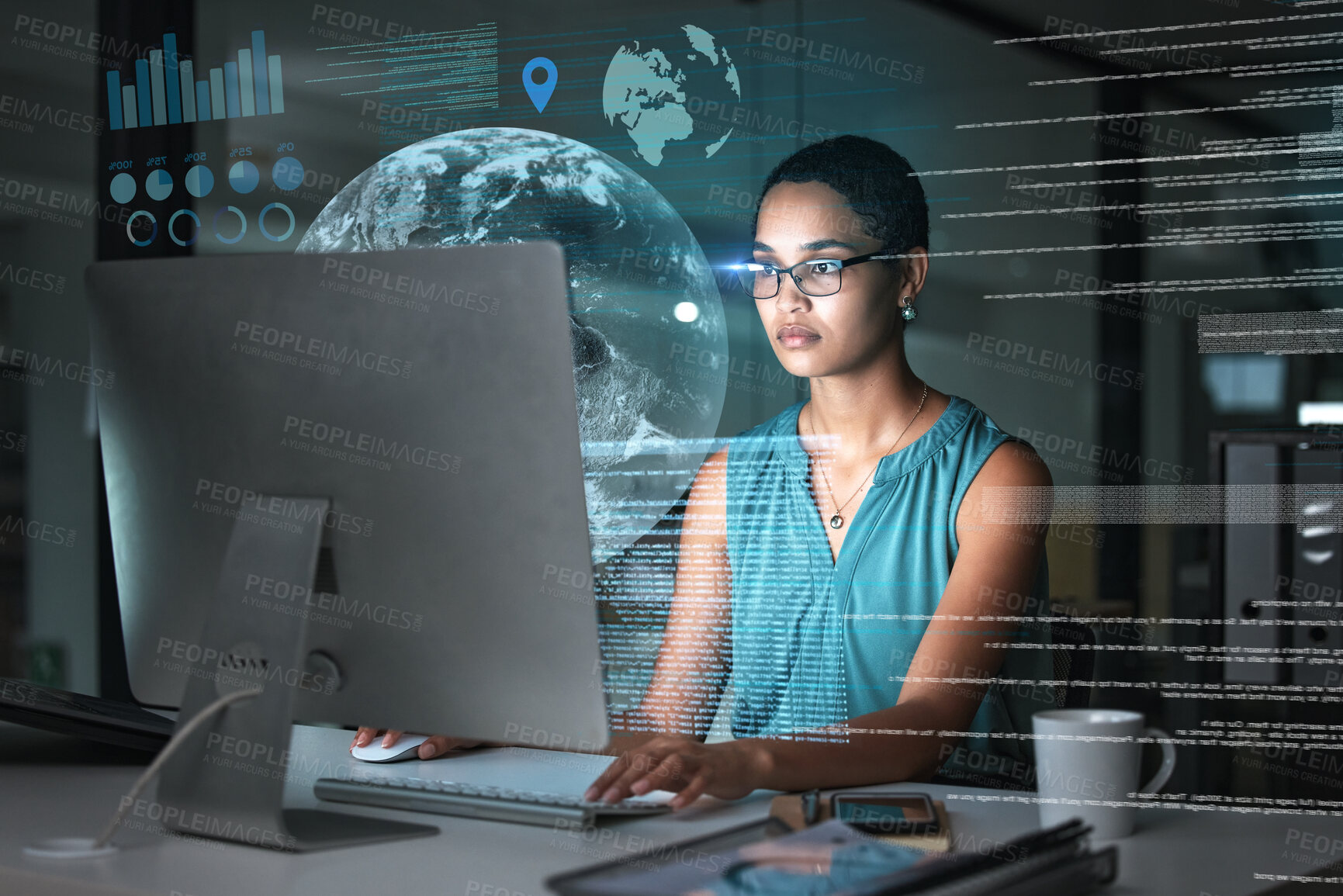 Buy stock photo Computer hologram, global network and woman reading data analysis of earth communication, world networking or chart. Futuristic night overlay, planet ui hud or African media employee working overtime