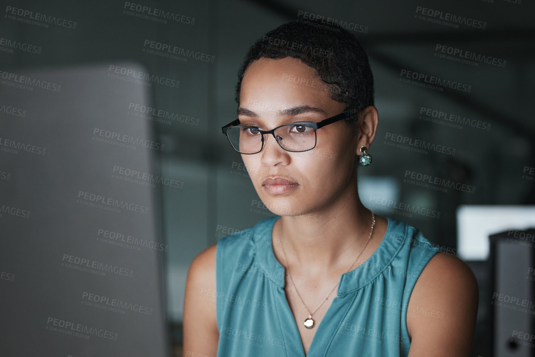 Buy stock photo Computer, face or night woman reading finance portfolio, stock market database or review ecommerce feedback. Forex investment, financial data analysis or African trader trading NFT, bitcoin or crypto