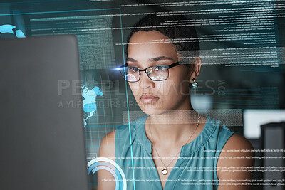Buy stock photo Computer data analysis, hologram hud or woman reading global communication, networking info or research analytics. Network digital transformation, ui hud or African face focus on future night overlay