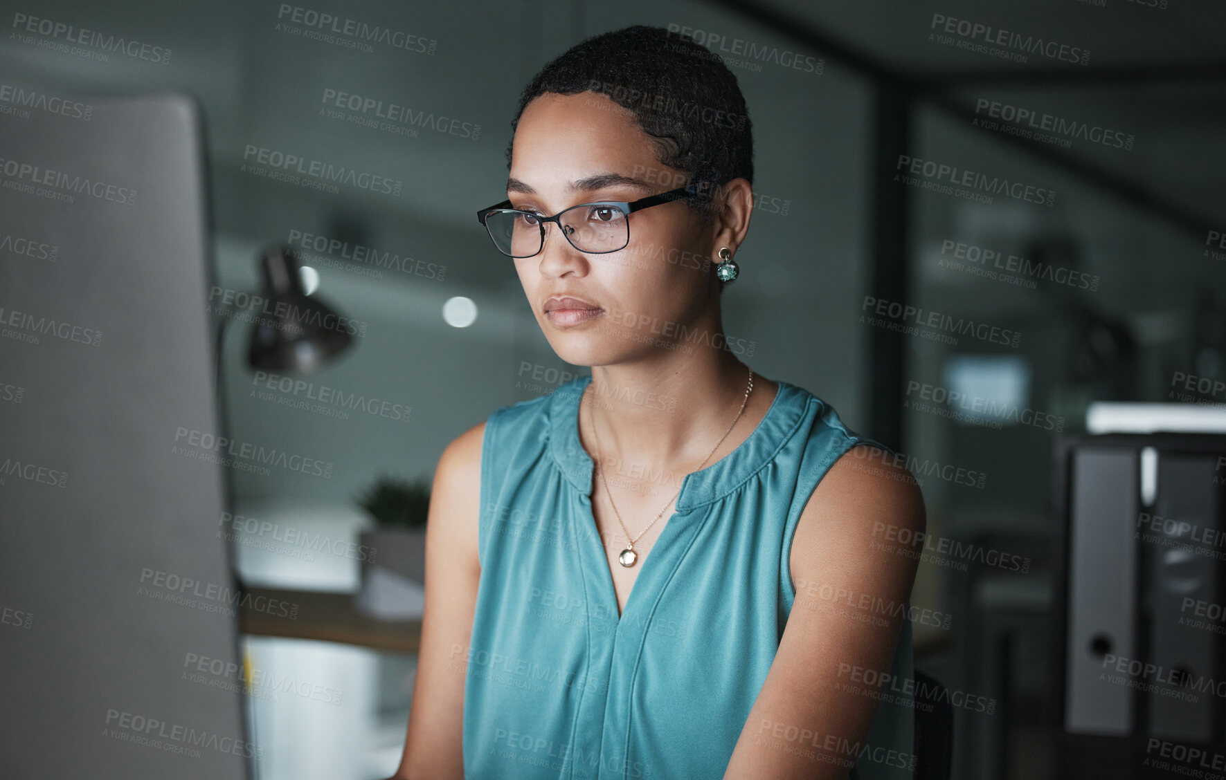 Buy stock photo Office computer, night or black woman reading finance portfolio, stock market database or review ecommerce feedback. Forex investment, financial data analysis or trader trading NFT, bitcoin or crypto