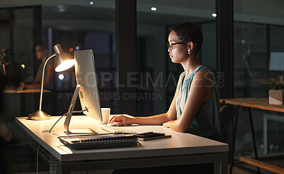 Buy stock photo Computer, night or black woman reading business portfolio, stock market database or review ecommerce feedback. Forex investment, finance data analysis or profile trader trading NFT, bitcoin or crypto