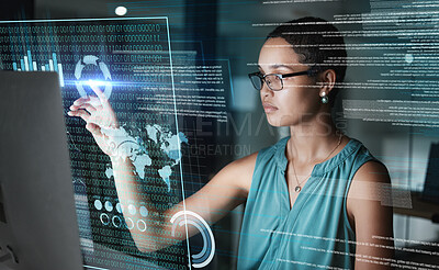 Buy stock photo Computer, hologram hud or woman point at global communication, networking info graph or research analytics. Network digital transformation, ui dashboard or African person work on future night overlay