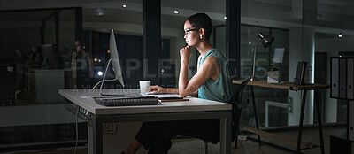 Buy stock photo Computer, thinking and African woman reading finance portfolio, stock market database or ecommerce feedback. Forex investment night, data analysis idea or female trader trading NFT, bitcoin or crypto