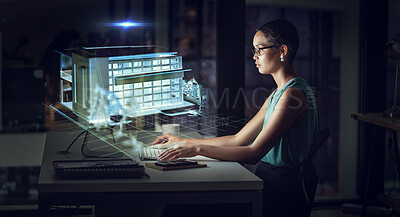 Buy stock photo Hologram, computer and business woman typing in office with 3d building at night. Futuristic, ai and female employee with holographic software for architecture, home or house with augmented reality.