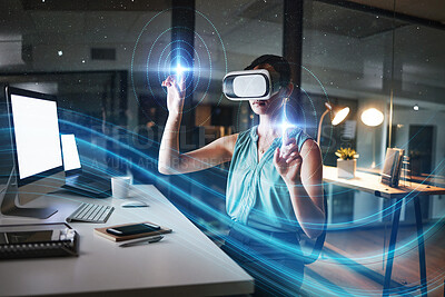 Buy stock photo Metaverse, vr and business woman in virtual reality exploring a cyber world in office at night. Futuristic, mockup technology and female employee with ai and software for 3d digital transformation.