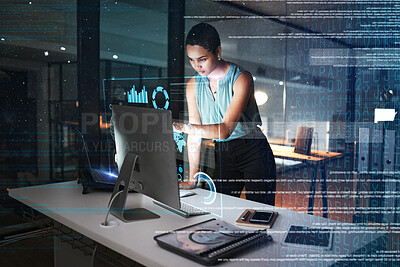 Buy stock photo Office computer, hologram or night person reading future administration dashboard, research chart or ui software. Digital transformation, cloud computing overlay and black woman work on data analysis