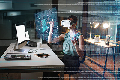 Buy stock photo Woman, night and 3d vr headset with hologram network, web design and planning for global cybersecurity. Developer, augmented reality in metaverse for cloud computing or coding at office with ui