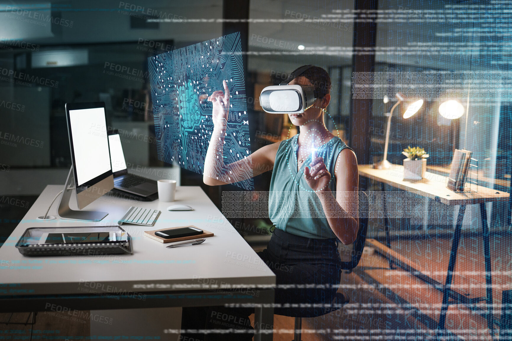 Buy stock photo Woman, night and 3d vr headset with hologram network, web design and planning for global cybersecurity. Developer, augmented reality in metaverse for cloud computing or coding at office with ui