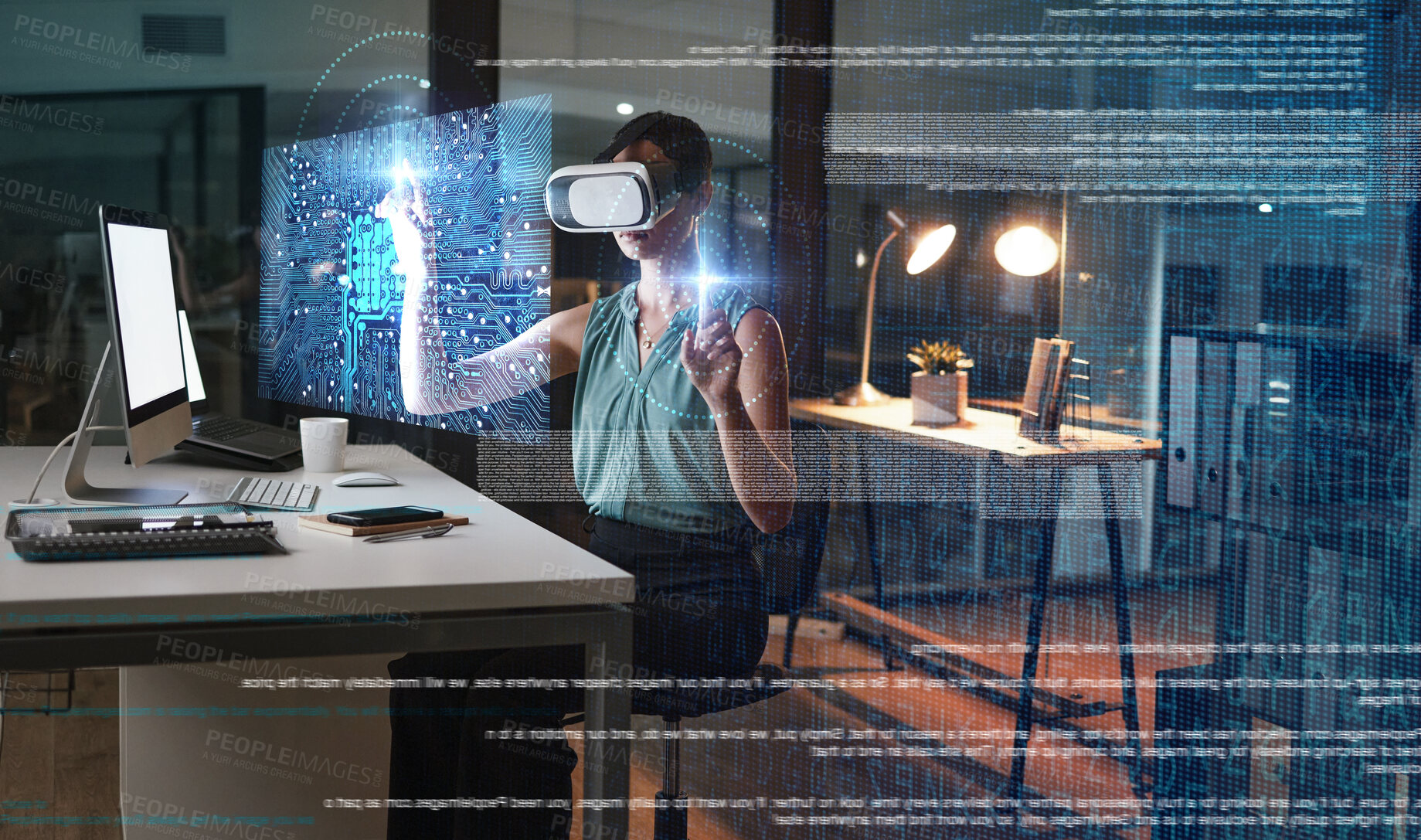 Buy stock photo Woman, hands and night with vr headset, hologram graphic or web design planning for global cybersecurity. Developer, augmented reality glasses or future cloud computing at office with holographic ui