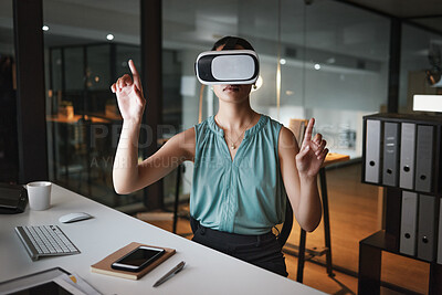 Buy stock photo Vr, metaverse and business woman in virtual reality exploring cyber world in office at night. Futuristic, technology and female employee with digital headset with ai software for 3d internet browsing